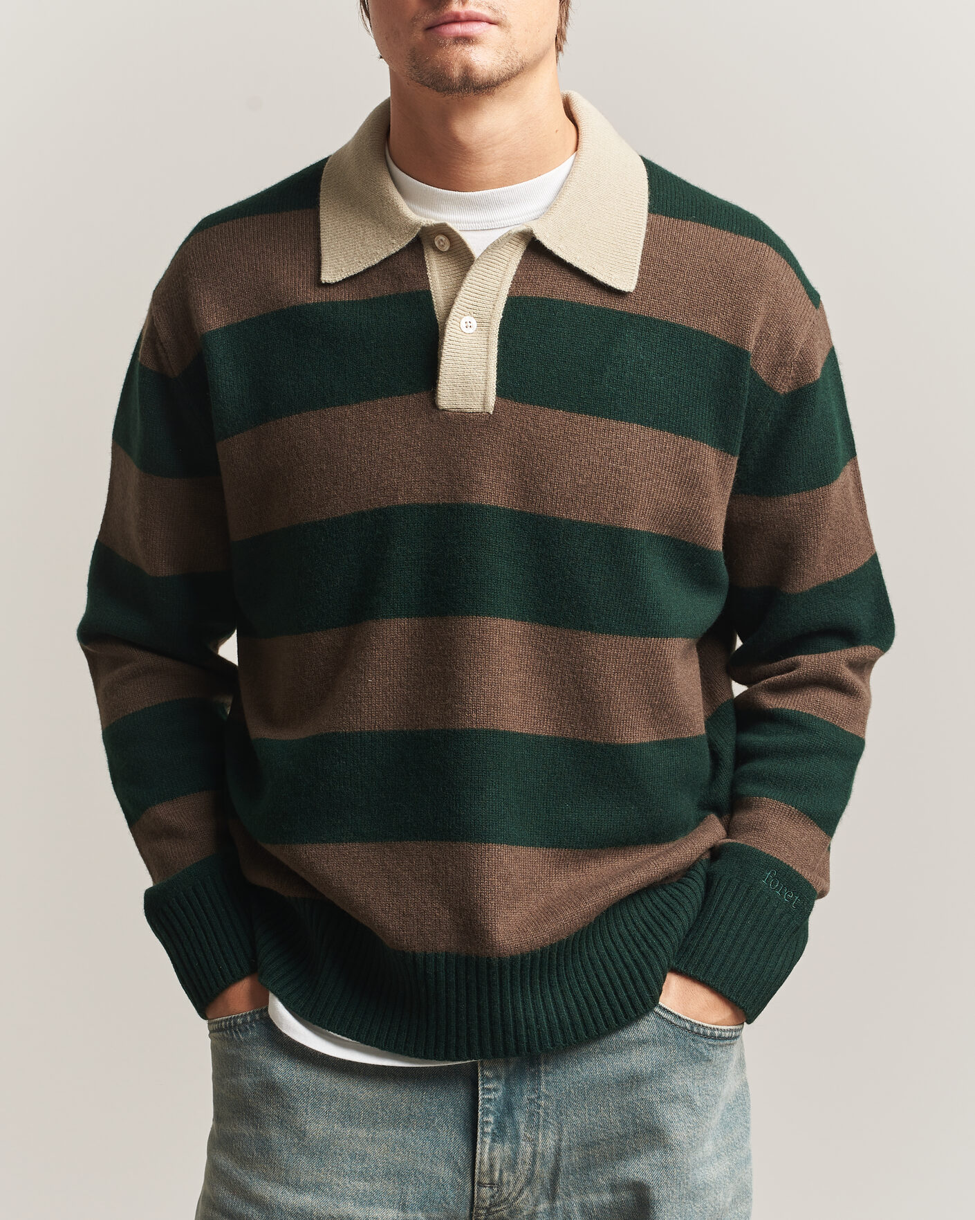 Men | Sweaters & Knitwear | Forét | Frost Stripe Knit Polo Deep Green