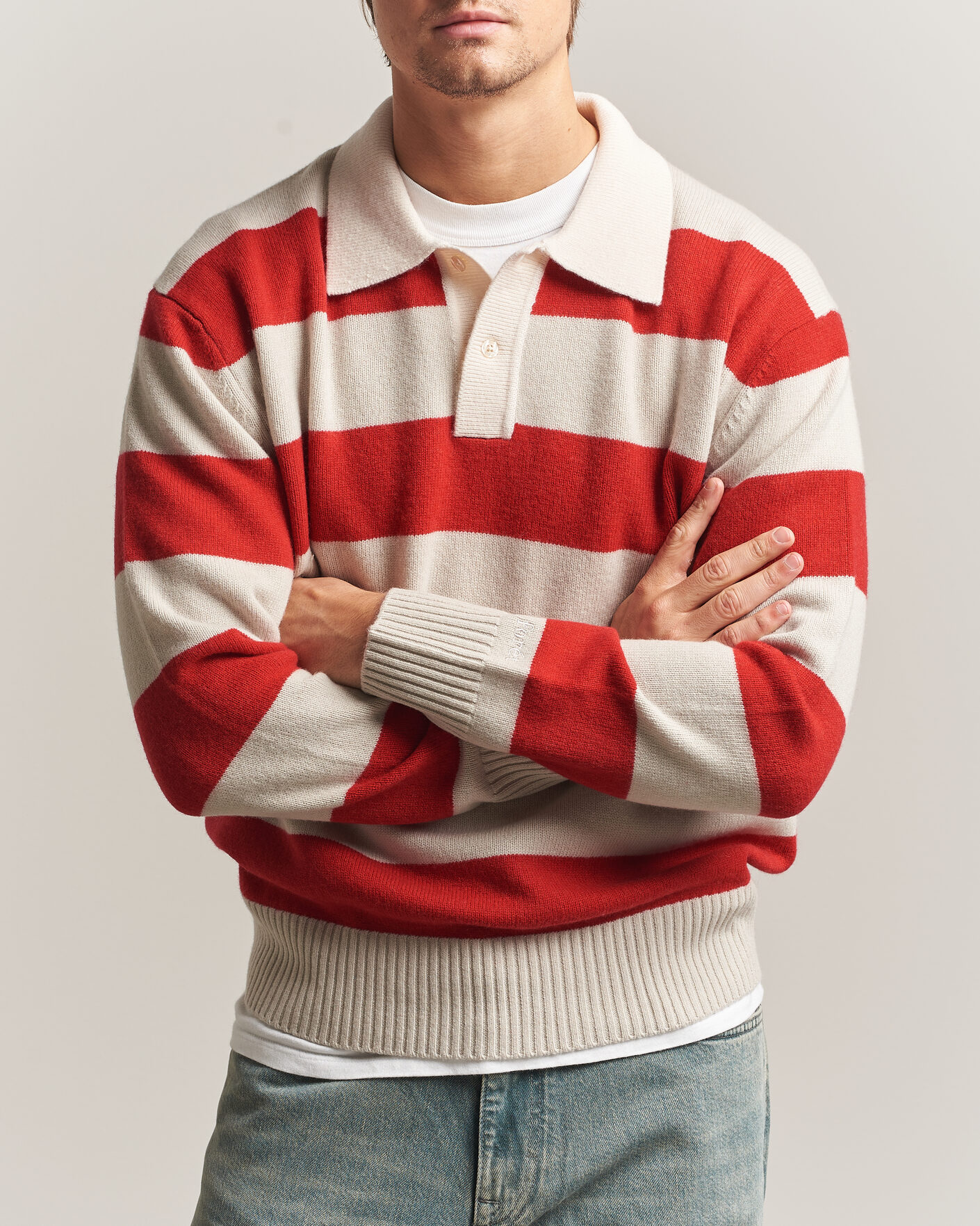 Men | Sweaters & Knitwear | Forét | Frost Stripe Knit Polo Red