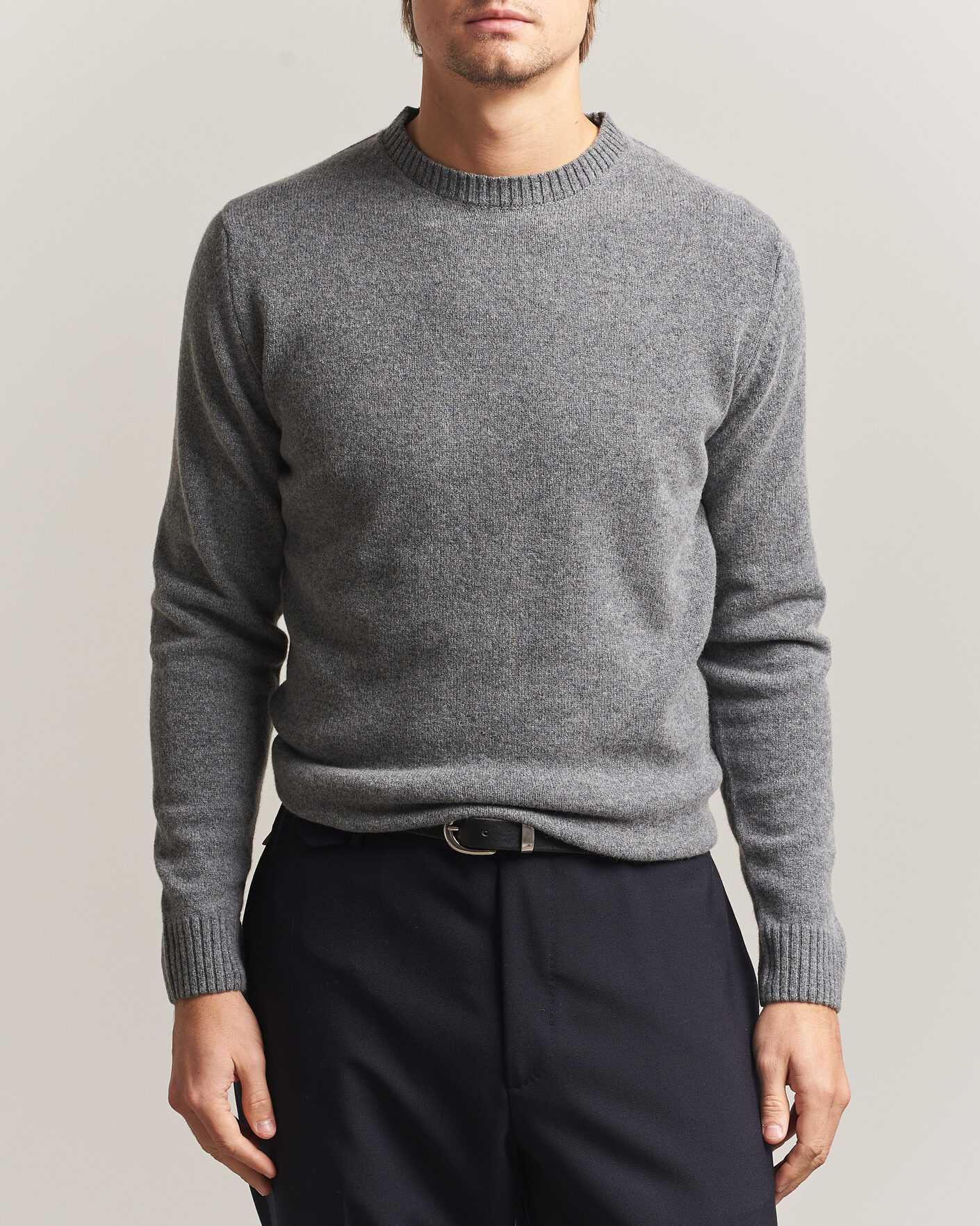 Men | Sweaters & Knitwear | Stenströms | Knitted Lambswool Crew Neck Mid Grey Melange