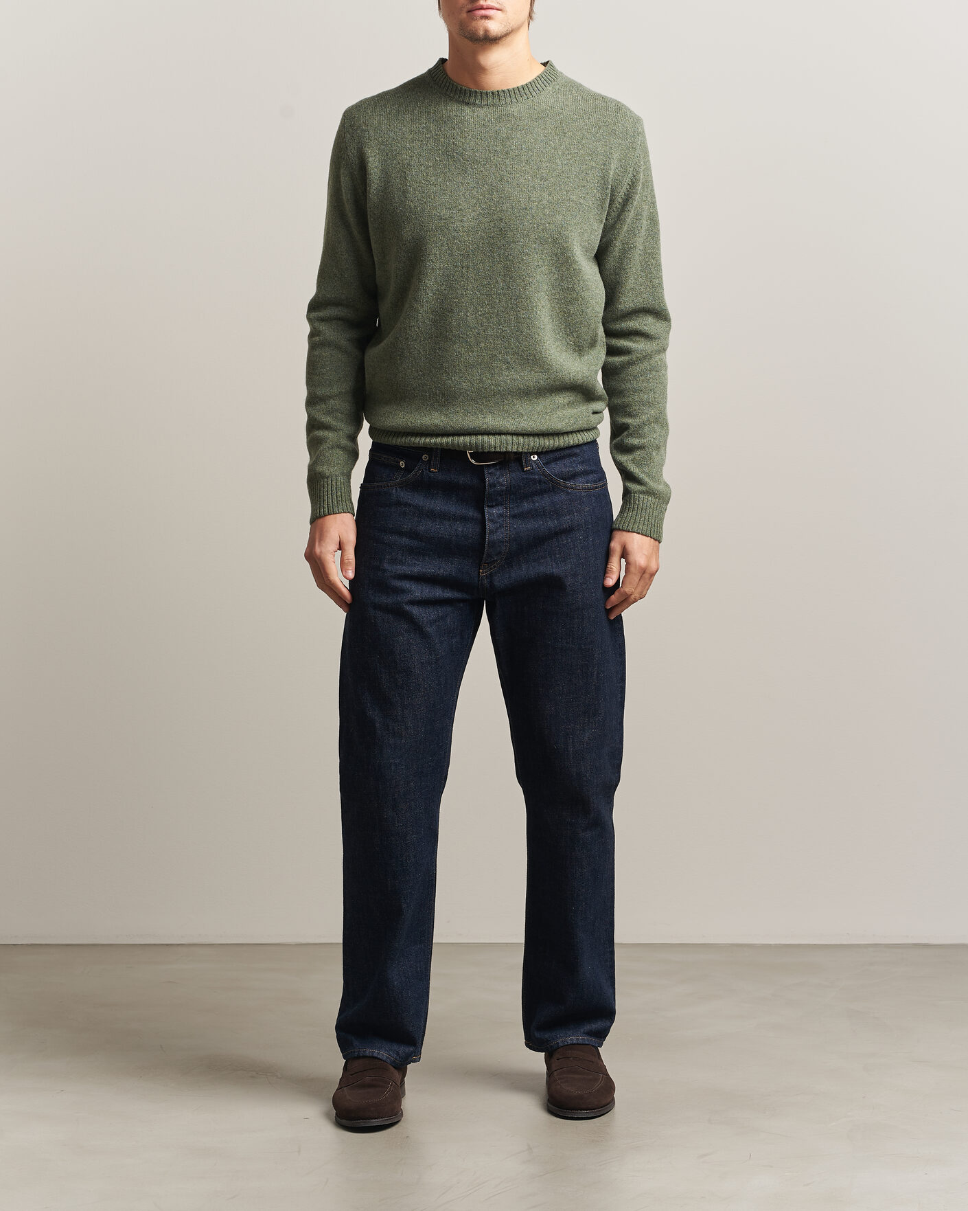 Men | Sweaters & Knitwear | Stenströms | Knitted Lambswool Crew Neck Light Army Green Melange