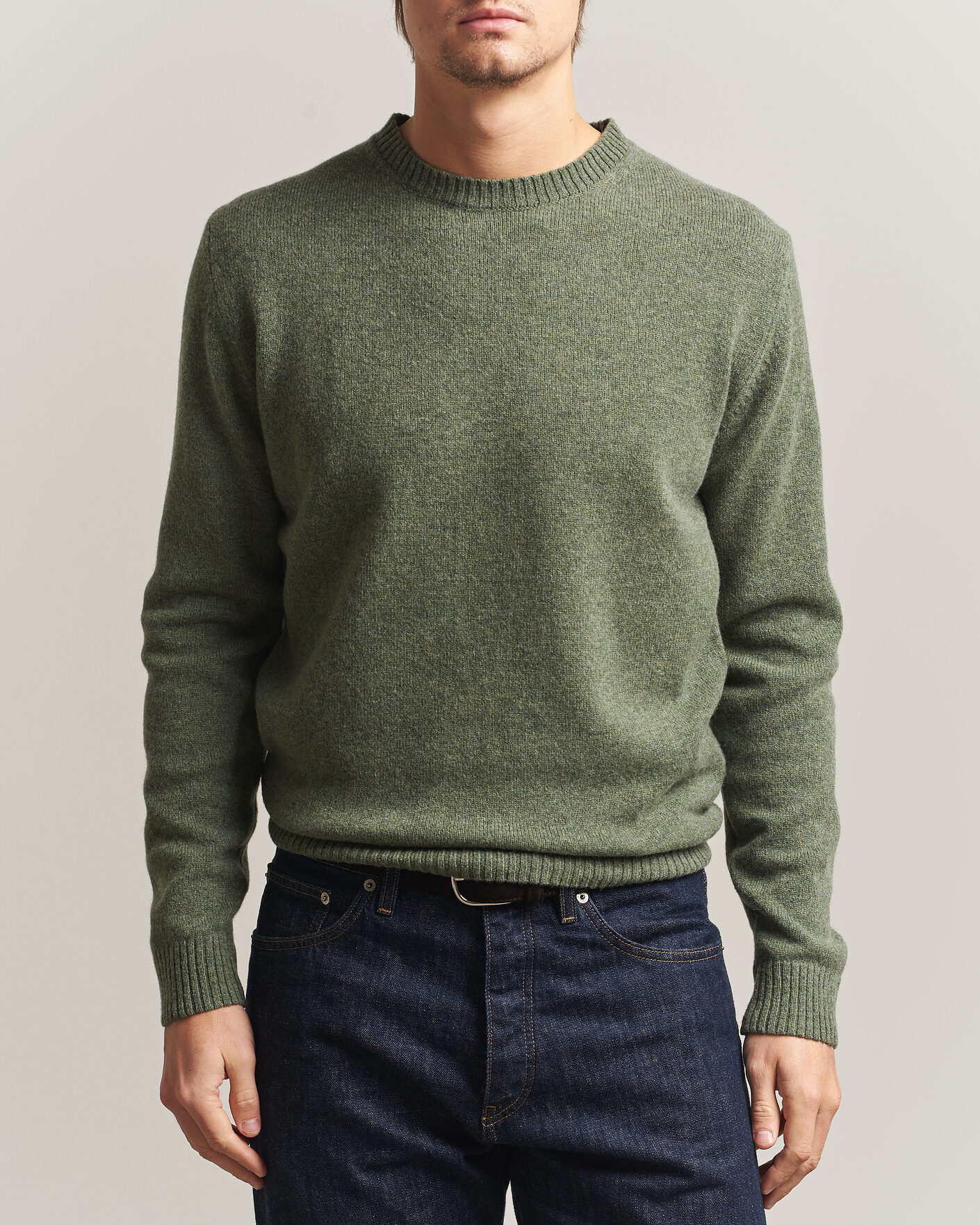 Men | Sweaters & Knitwear | Stenströms | Knitted Lambswool Crew Neck Light Army Green Melange