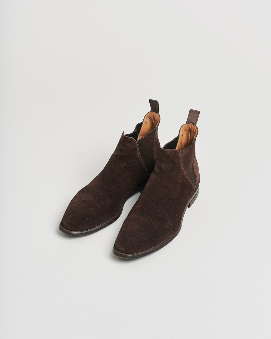 Men | Crockett & Jones Chelsea 8 Boot Dark Brown Suede | Pre-owned | Crockett & Jones Chelsea 8 Boot Dark Brown Suede
