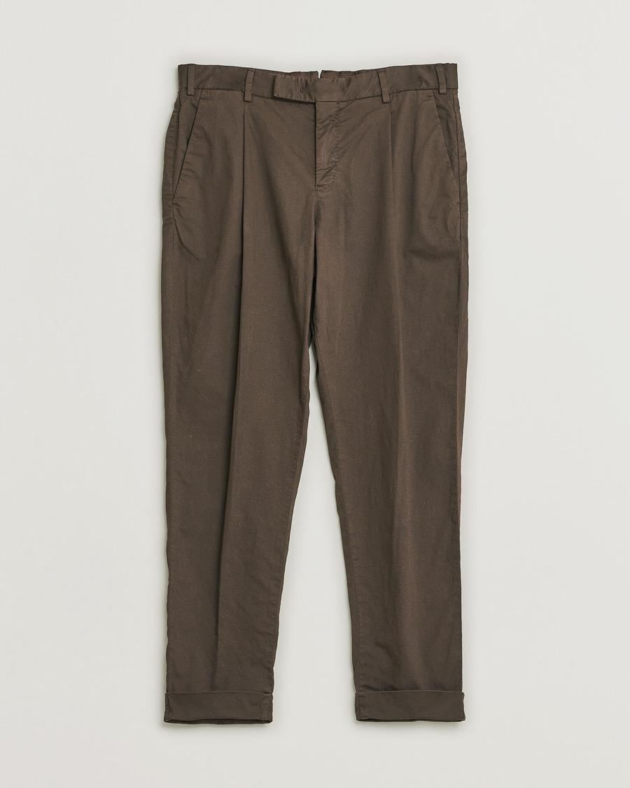 Men | PT01 Slim Fit Pleated Linen Blend Trousers Chocolate | Pre-owned | PT01 Slim Fit Pleated Linen Blend Trousers Chocolate