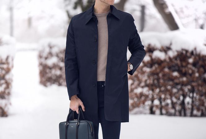 Outfit med carcoat och stickad tröja ute i snön